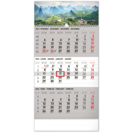 Nástenný kalendár 3-mesačný Krajina šedý – s českými menami CZ 2024, 29,5 × 43 cm