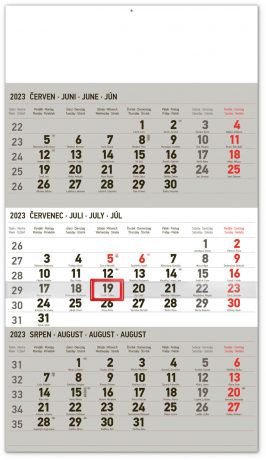 Nástenný kalendár 3-mesačný štandard šedý – s českými menami CZ 2023, 29,5 × 43 cm