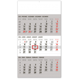 Nástenný kalendár 3-mesačný štandard šedý – s českými menami CZ 2024, 29,5 × 43 cm